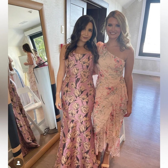 BCBGMAXAZRIA One Sleeve Asymmetrical Ruffle Hem Pink Midi Evening Dress, Size XS - Picture 4 of 7